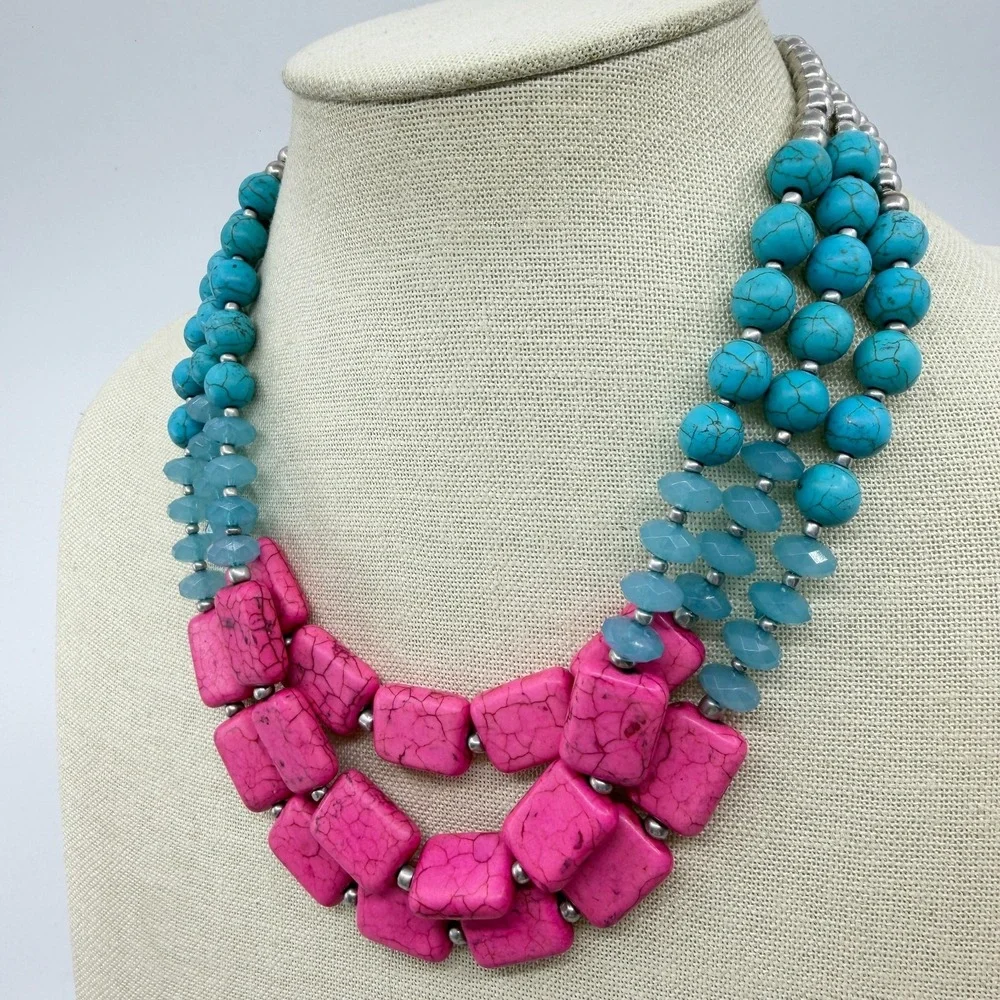 Hot Pink Turquoise Blue Bead Triple Strand Necklace Chunky Boho Statement Gift